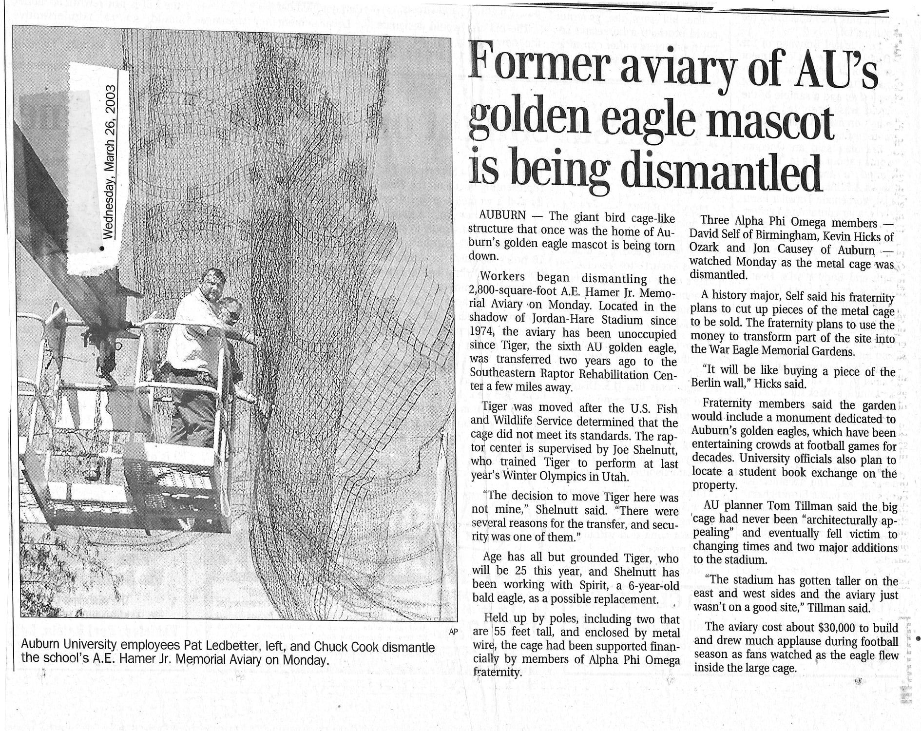 Birmingham News article on the aviary being dismantled, 2003